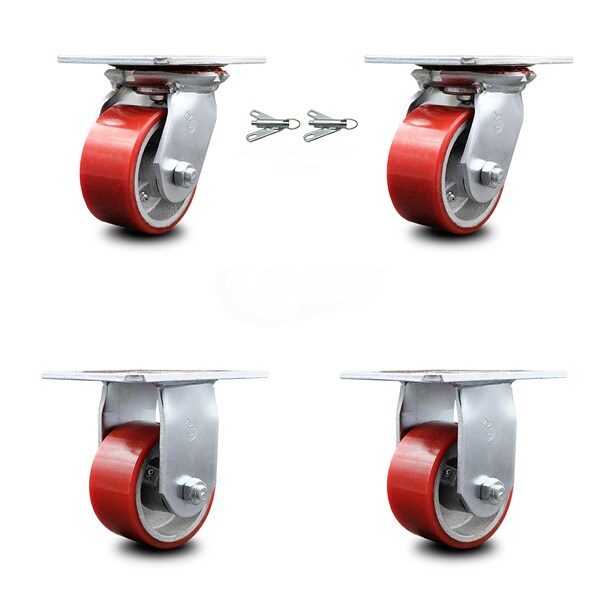4 Inch Poly on Cast Iron Caster Set with Ball Bearing 2 Swivel Lock 2 Rigid SCC